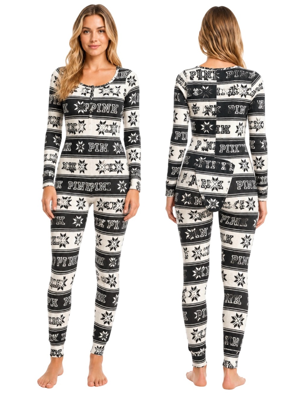 VS PINK Thermal Onesie Pajamas Long Jane FairIsle L Butt Flap Holiday union suit